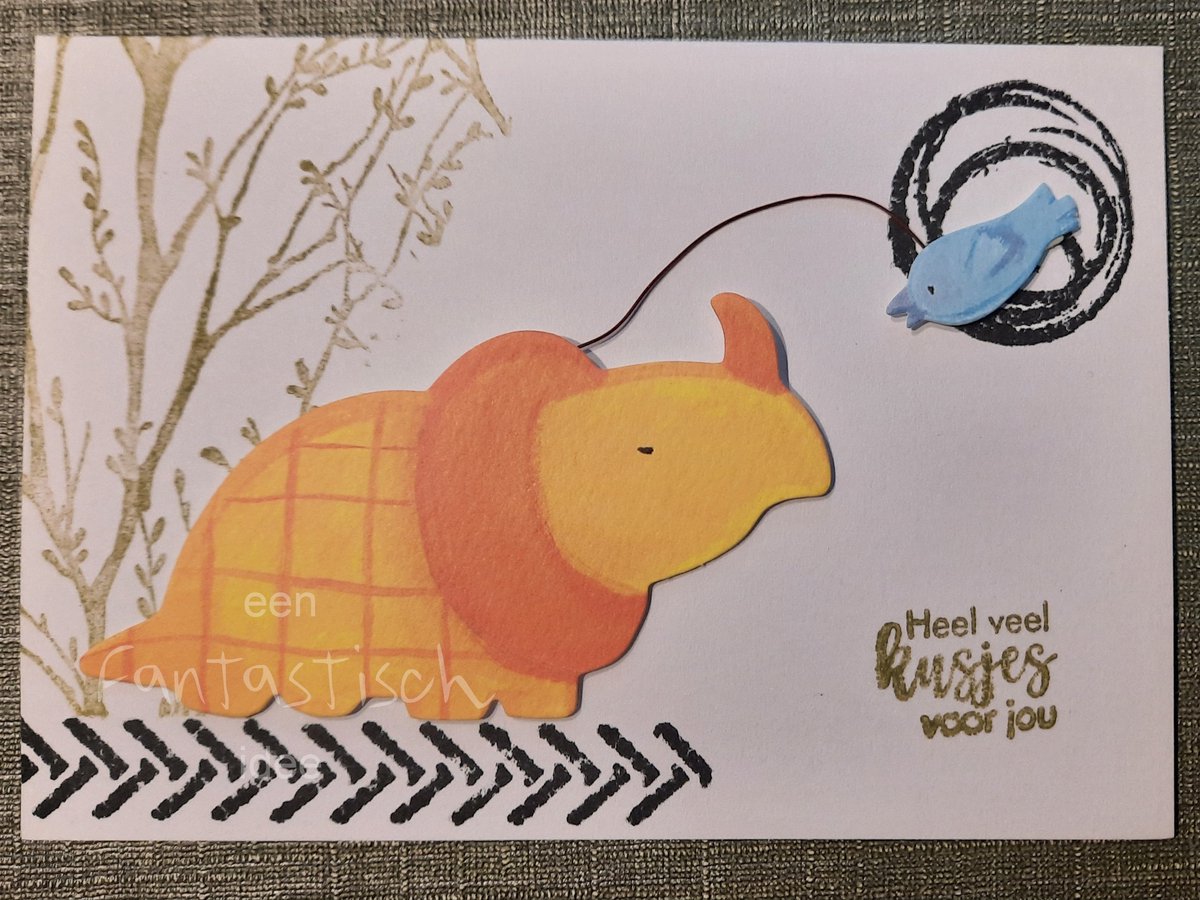 Verjaardagskaart - HANDGEMAAKT - Dino met vogel