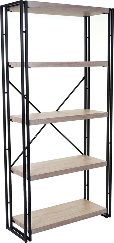 Boekenplank MCW-A27, vrijstaande plank, woonkamerplank, 165x80cm 3D structuur 5 niveaus ~ eiken look