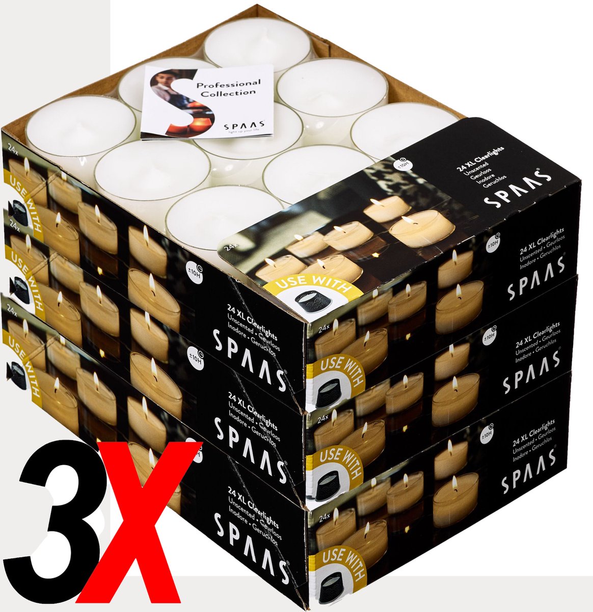SPAAS 72 Maxi Clearlights, 3x24 Stuks Voordeelverpakking - Theelichten in Transparante Cup, XL Waxinelichten 10 uur brandtijd, Gastro (Gastronomie Kwaliteit, 72 stuks, in Luxe Box), met RAL-keurmerk