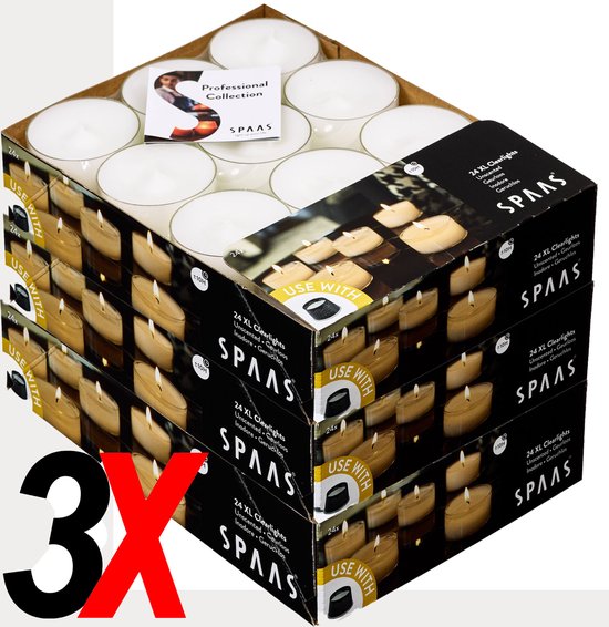 SPAAS 72 Maxi Clearlights, 3x24 pièces Value Pack - Bougies chauffe-plat dans une tasse transparente, Bougies chauffe-plat XL 10 heures d'autonomie, Gastro (Qualité Gastronomie, 72 pièces, dans une boîte de Luxe ), avec label de qualité RAL