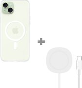 Cazy Magnetisch hoesje + Draadloze Oplader 15W - Geschikt voor iPhone 15 Plus - Flexibele TPU Case - Ultra Dun Design - Transparant + 2 in 1 Magnetische Draadloze Charger Pad 15W - Wit