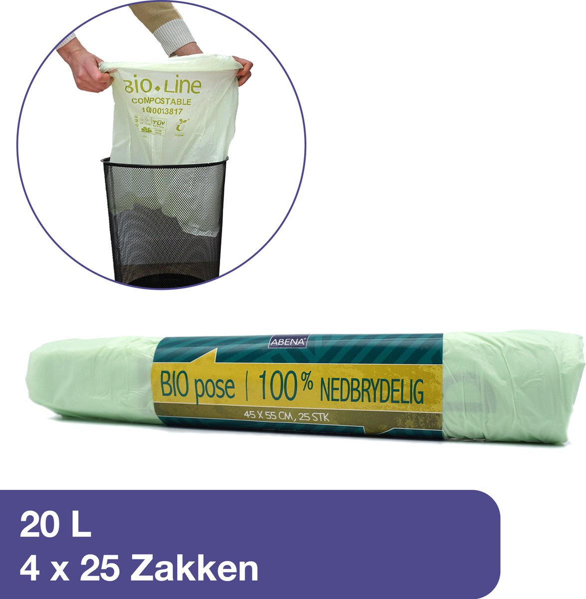 Goedkoopste ABENA Biozakken (100 stuks) - 20 Liter biologisch afbreekbare afvalzakken. Transparant, composteerbaar en Milieu vriendelijk. Pak van 100 zakken (4x25) - 55x45cm - Geschikt voor GFT-afval