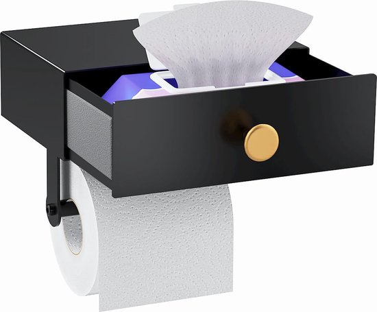 Toiletpapierhouder zonder boren met plank, zwart, wc-papierhouder, aluminium wc-papierhouder zonder boren, zelfklevend, voor keuken en badkamer