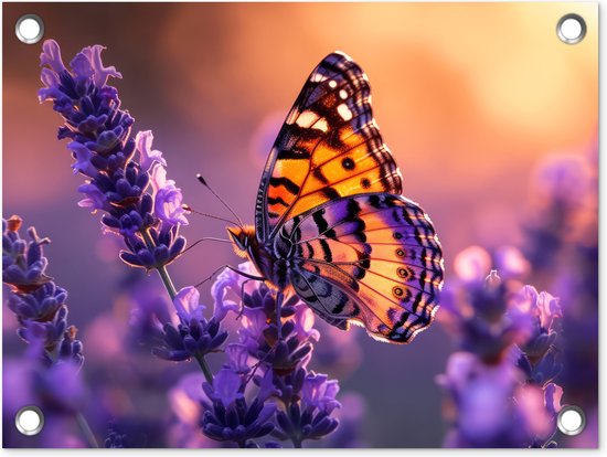 Tuinposter vlinder - Tuindecoratie lavendel paars - 40x30 cm - Bloemen poster voor in de tuin - Buiten decoratie vlinders - Schutting tuinschilderij - Tuindoek muurdecoratie - Wanddecoratie balkondoek