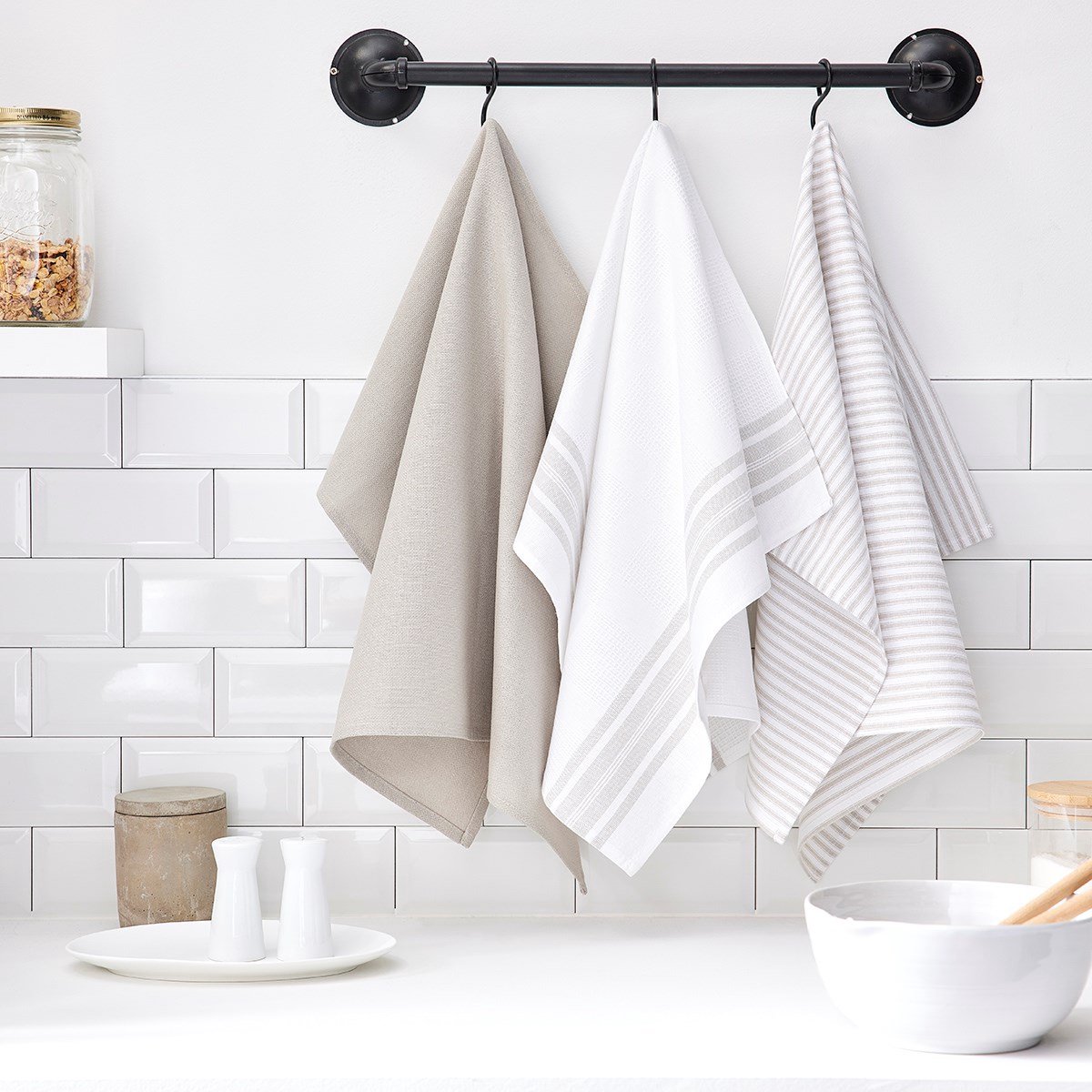 Set van 3 theedoeken met strepen Essential - Beige - 50x70 cm