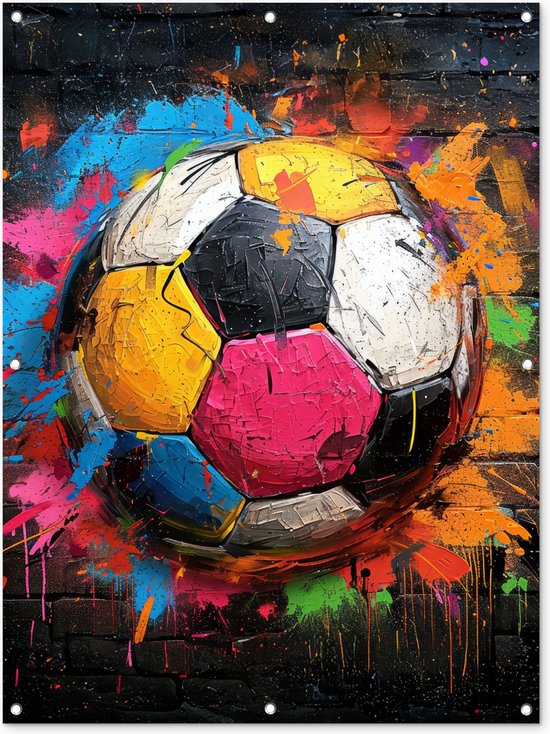 Tuinposter 90x120 cm - Tuindecoratie - Graffiti - Voetbal - Muur - Sport - Pop art - Poster voor in de tuin - Buiten decoratie - Schutting tuinschilderij - Muurdecoratie - Buitenschilderijen - Tuindoek - Buitenposter..