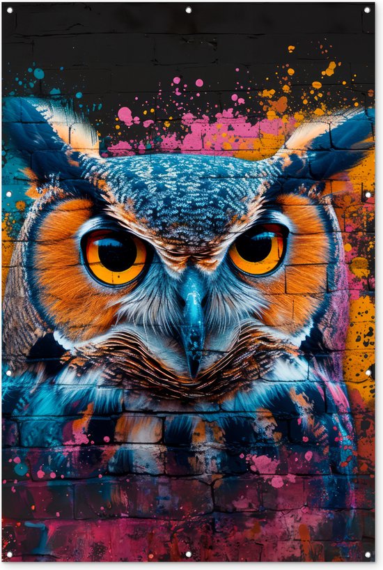 Muurdecoratie Uil - Vogel - Kleurrijk - Graffiti - Art - 120x180 cm - Tuinposter - Tuindoek - Buitenposter..