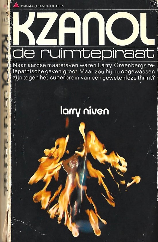Boekomslag 'Kzanol de ruimtepiraat' met vlammen en tekst. Prisma Science Fiction.