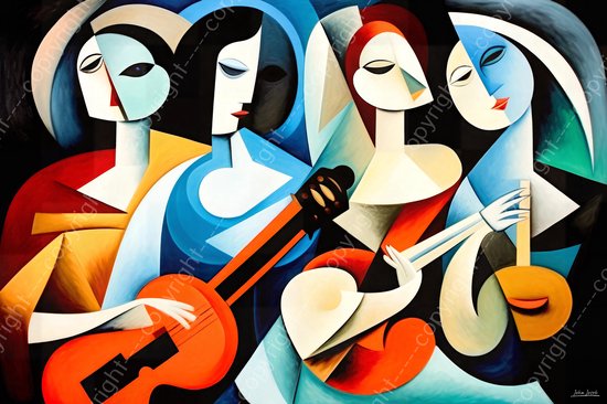 JJ-Art (Glas) 120x80 | Vrouwen maken muziek met de gitaar, Picasso stijl, kubisme, abstract, kunst | mens, muziekinstrument, blauw, bruin, rood, modern | Foto-schilderij-glasschilderij-acrylglas-acrylaat-wanddecoratie