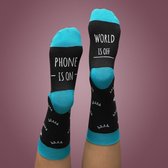 SOXO Dames Sokken 'Phone is On, World is Off' - Zwart/Turquoise - Maat 35-40