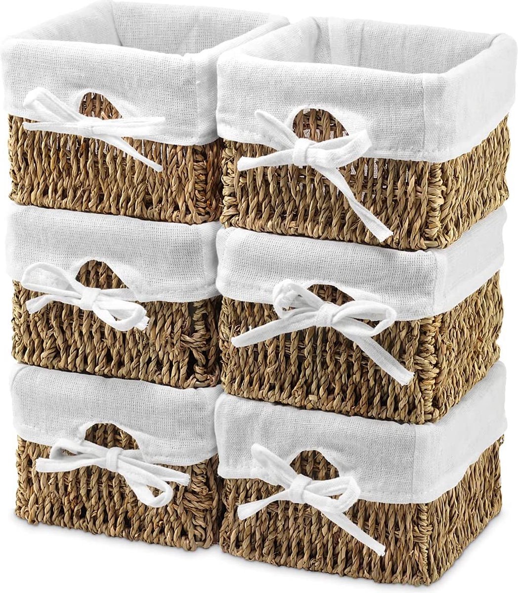 Set van 6 zeegras geweven opbergmanden, gevlochten vierkante handgeweven organizer-opbergdozen met inzetstuk voor babykamer, kinderspeelgoed, thuis, 14 x 14 x 10 cm