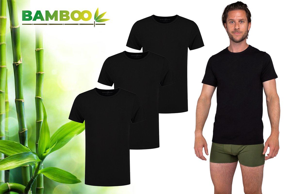 Bamboo - T-Shirt Heren - Ronde Hals - 3 Stuks - Zwart - M - Bamboe Ondershirt Heren - Extra Lang - Anti Zweet T-shirt Heren