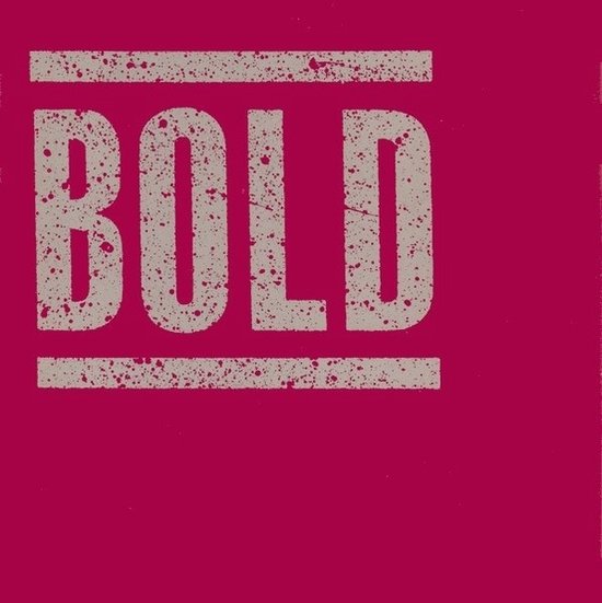 De tekst "BOLD" in grijze letters met een spettereffect op een roze achtergrond.