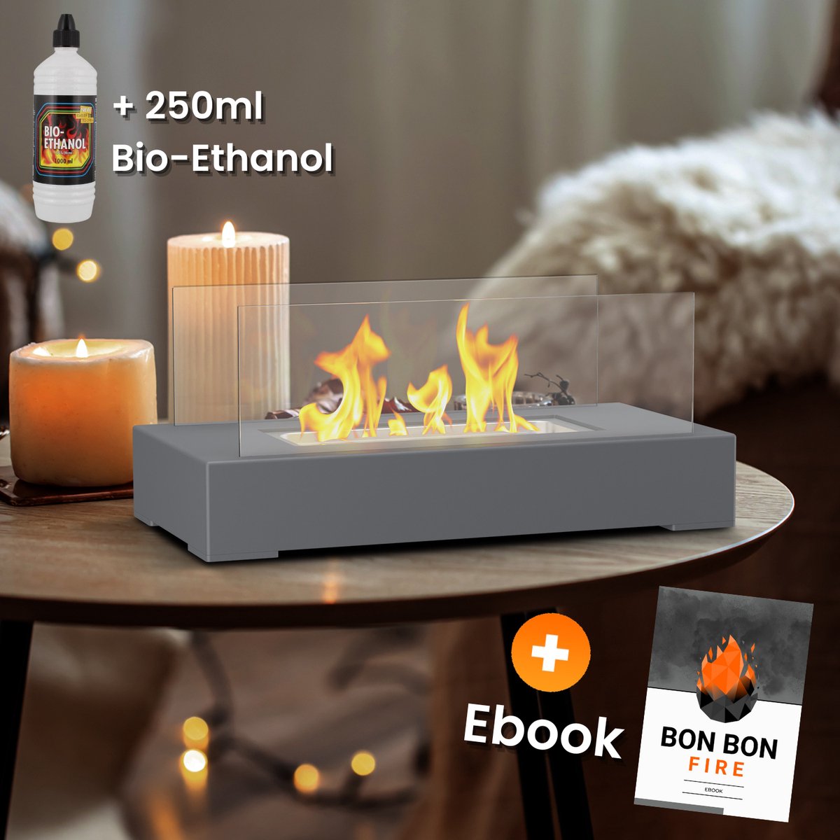 Bon Bon Fire® Tafelhaard - Incl. 250ml Bio Ethanol - Nardo Grey - Sfeerhaard - Voor Binnen en Buiten - Bio Ethanol Brander