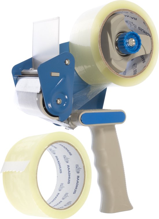 Blauwe tape-afroller met beige handvat, met een rol tape erop en een losse rol ernaast.
