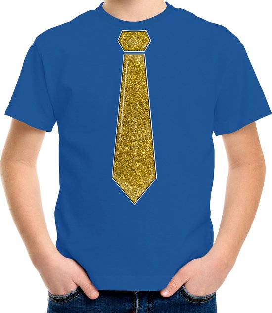 Bellatio Decorations Verkleed t-shirt voor kinderen - glitter stropdas - blauw - jongen - carnaval 140/152
