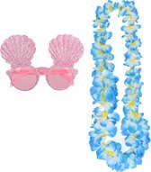 Tropische Hawaii party verkleed accessoires set - schelpen zonnebril - en bloemenkrans blauw - voor dames