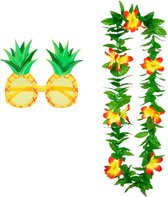 Tropische Hawaii party verkleed accessoires set - Ananas zonnebril - en bloemenkrans groen/geel - voor volwassenen
