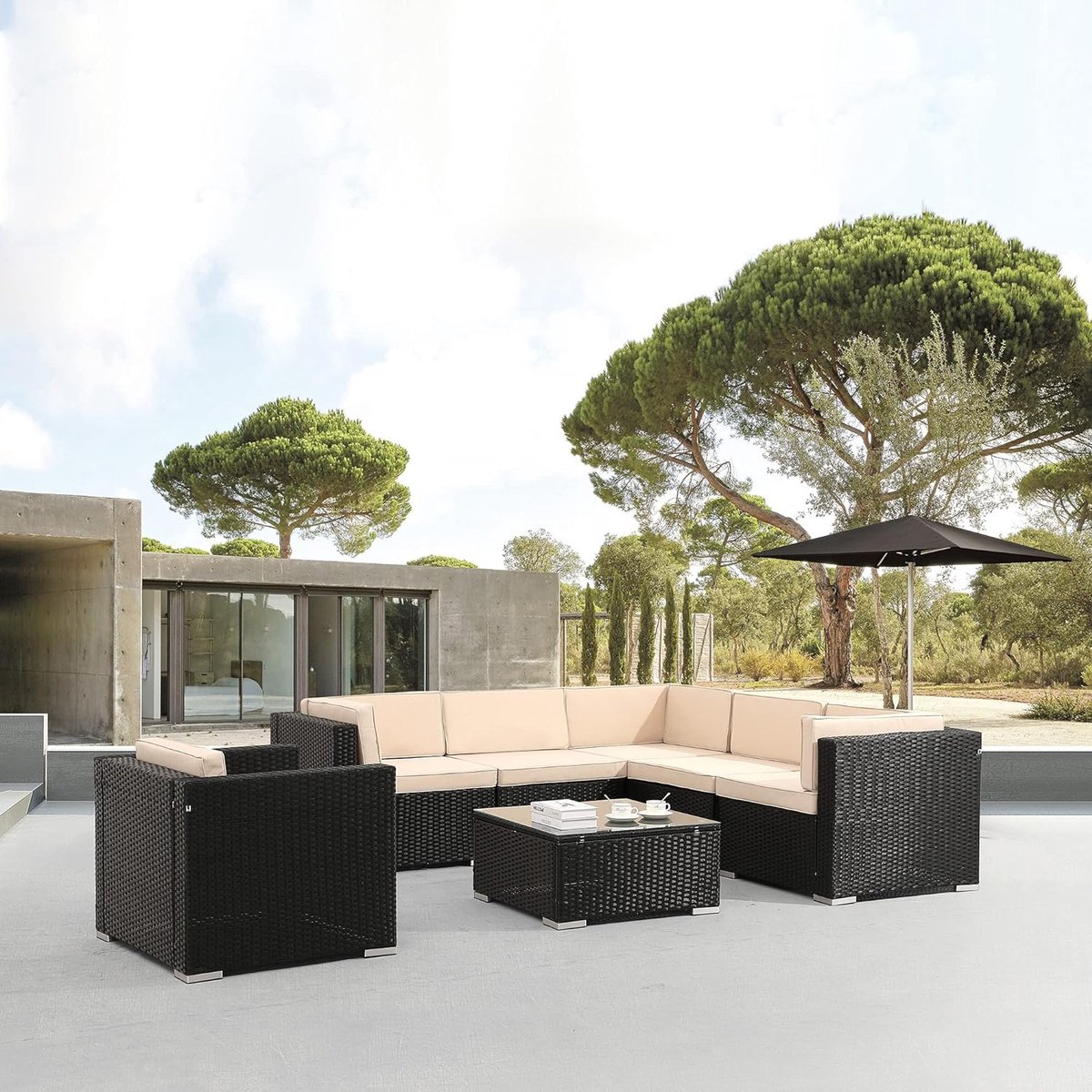 Arebos Poly rotan tuinmeubelen Lounge Porto | Incl. zitkussen | met stoel | 6 personen | UV-bestendig polyrotan vlechtwerk | tafel met glasplaat | vrij te combineren | zwart