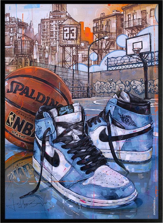 Sneaker print basketball university blue 51x71 cm *ingelijst & gesigneerd