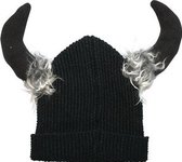 Zwarte Viking muts met fluffy hoorns