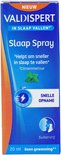 Valdispert Slaap Spray: blauwe doos met oranje accenten. Bevat citroenmelisse. 'Snelle opname', 'Suikervrij'.