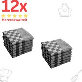 Theedoeken - Horeca Kwaliteit - Katoenenen Theedoeken set - 12 x - Zwart Wit - Ophang Lus