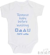 100% katoenen Romper "Remove baby before washing 100% cotton" Jongens Katoen Wit/blauw Maat 56/62