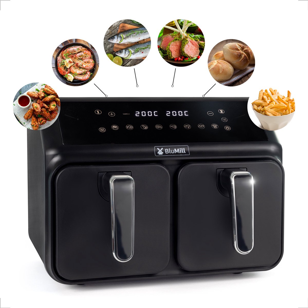 Afbeelding 2 van BluMill Dubbele Heteluchtfriteuse XXL - SYNC-FINISH Functie - Touchscreen - incl. Kinderslot - 8L - 1700W -  Heteluchtfriteuse