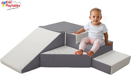 Zachte Soft Play Foam Blokken 4-delige set glijbaan met trap Grijs-Wit | grote speelblokken | motoriek baby speelgoed | foamblokken | reuze bouwblokken | Soft play peuter speelgoed | schuimblokken