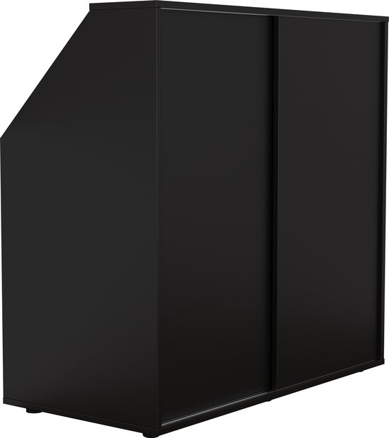 Zwarte kast met schuine zijde, gesloten schuifdeuren, opbergruimte voor zolder.