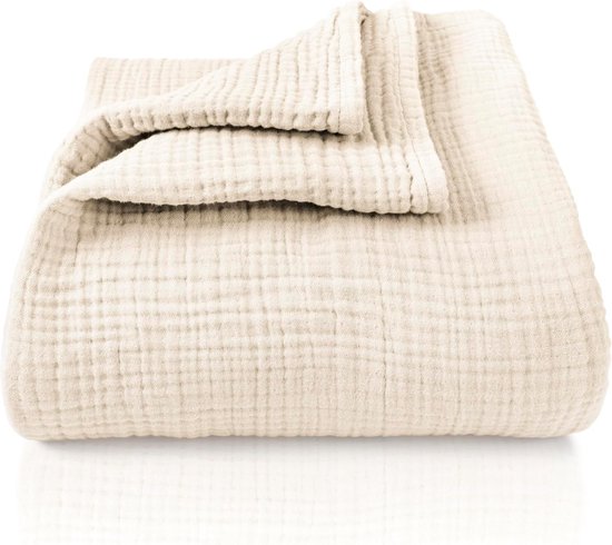 Couvre-lit en mousseline de Premium 180 x 220 cm – 100 % coton – Couverture en coton extra doux comme couverture douillette, jeté de lit, jeté de canapé, jeté de canapé – couverture de canapé chaude (crème)