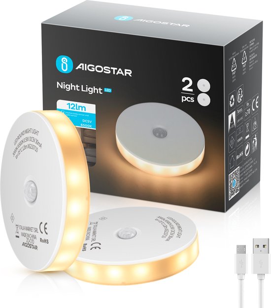 Aigostar 10ZJB - Nachtlampje met Bewegingssensor - 2 stuks - USB oplaadbaar - Dimbare - Kinderen - Babykamer - Warm Licht