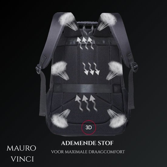 Achterkant van de zwarte rugzak met 3D ademende stof voor maximaal draagcomfort.