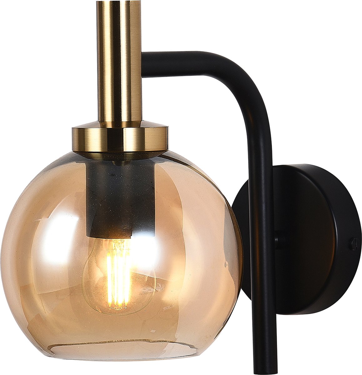 Osira wandlamp E27 zwart-goud, amber glas Ø150mm - stalen wandlamp met 1 lichtpunt, IP20, lichtbron niet inbegrepen