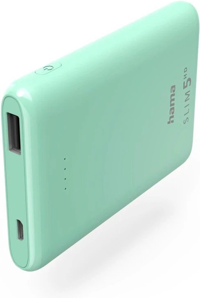 Hama SLIM 5HD USB-A Powerbank 5000mAh - 1 x USB-A output - 1 x Micro-USB input - Kleine Powerbank - Geschikt voor iPhone en Samsung - Compatibel met smartphones - Muntgroen