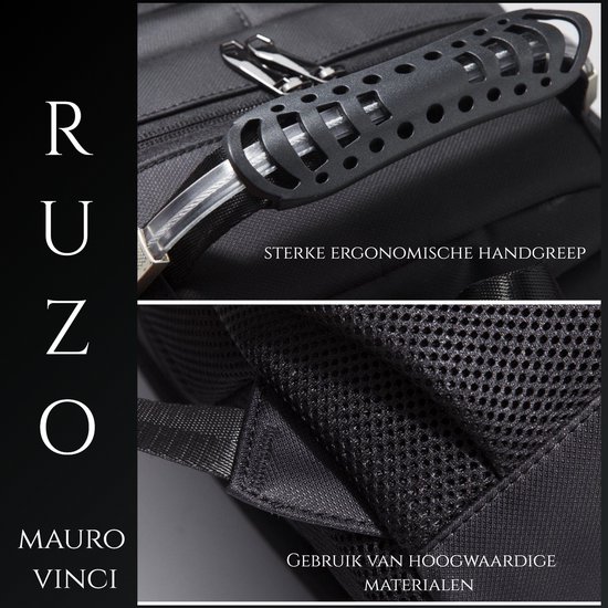 Details van de zwarte rugzak: sterke ergonomische handgreep en hoogwaardige materialen, ademende mesh.
