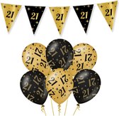 21 Jaar Verjaardag Decoratie Versiering - Feest Versiering - Vlaggenlijn - Ballonnen - Klaparmband - Man & Vrouw - Zwart en Goud