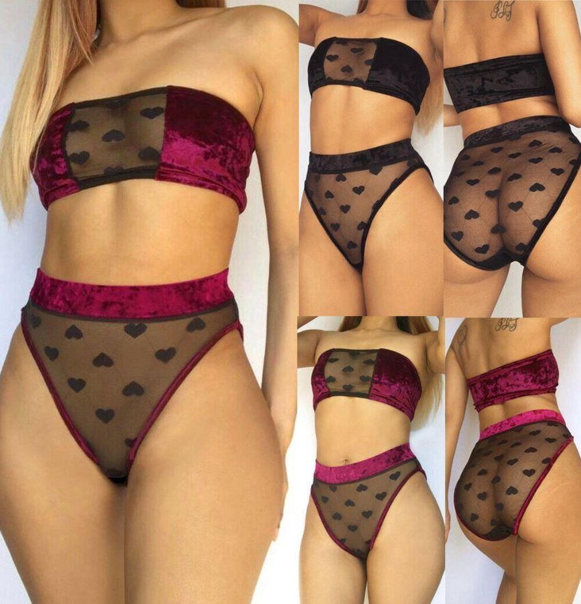 Goedkoopste Finnacle - Verleidelijk zwart-bordeauxrood-wijnrood kanten lingerie setje met doorzichtige hartjes - Maat S