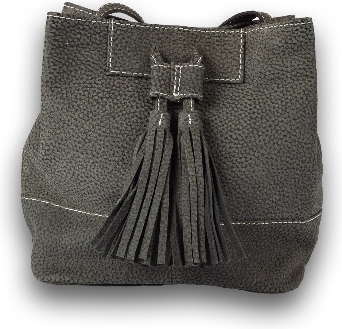Premium Donkergrijze Sahara Lederen Crossbody Tas met Elegante Franje Trekkoord | Verstelbare Schouderriem en Chic Design