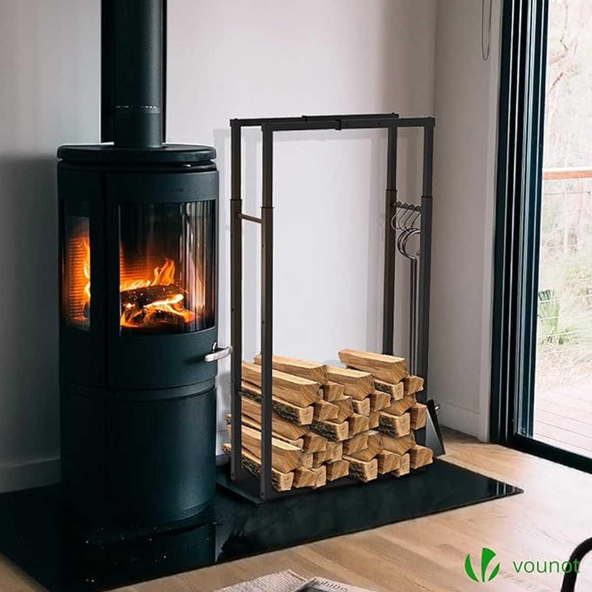 Uitschuifbaar verstelbaar brandhoutrek 4 haken binnen buiten 100x65x25 cm zwart