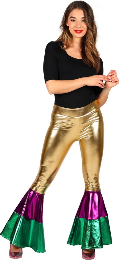Damesbroek Flared Metallic Multicolor - Dames - Verkleedkleding - Carnavalskleding - Gouden Broek - Goud/Paars/Groen - Maat S/M