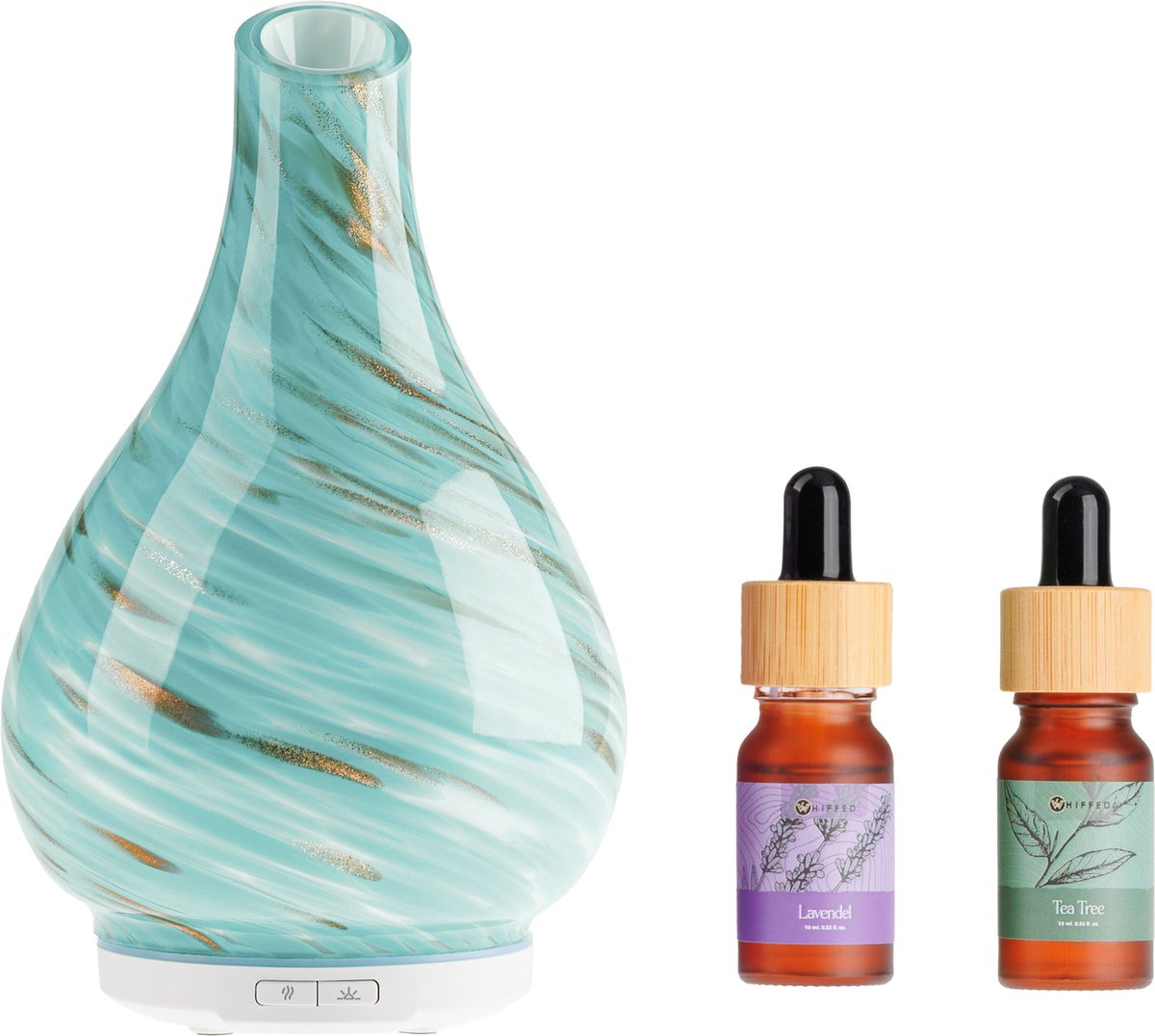 Whiffed® Luxe Aroma Diffuser Incl. 2x Etherische olie - Lavendel - Tea Tree - Geurverspreider met Glazen Design - 8 uur Aromatherapie - Tot 80m2 - Essentiële Olie Vernevelaar & Diffuser