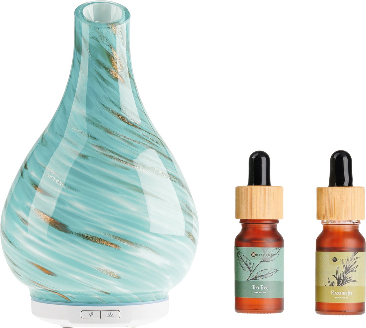 Whiffed® Luxe Aroma Diffuser Incl. 2x Etherische olie - Tea Tree - Rozemarijn - Geurverspreider met Glazen Design - 8 uur Aromatherapie - Tot 80m2 - Essentiële Olie Vernevelaar & Diffuser