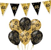 65 Jaar Verjaardag Decoratie Versiering - Feest Versiering - Vlaggenlijn - Ballonnen - Klaparmband - Man & Vrouw - Zwart en Goud
