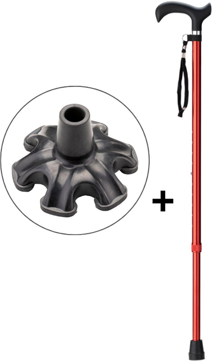 Wandelstok Rood met ergonomisch comfort handvat en polsbandje - Loopstok - Verstelbaar 76 - 98,5 cm - Lichtgewicht - Incl 6-poot stokdop