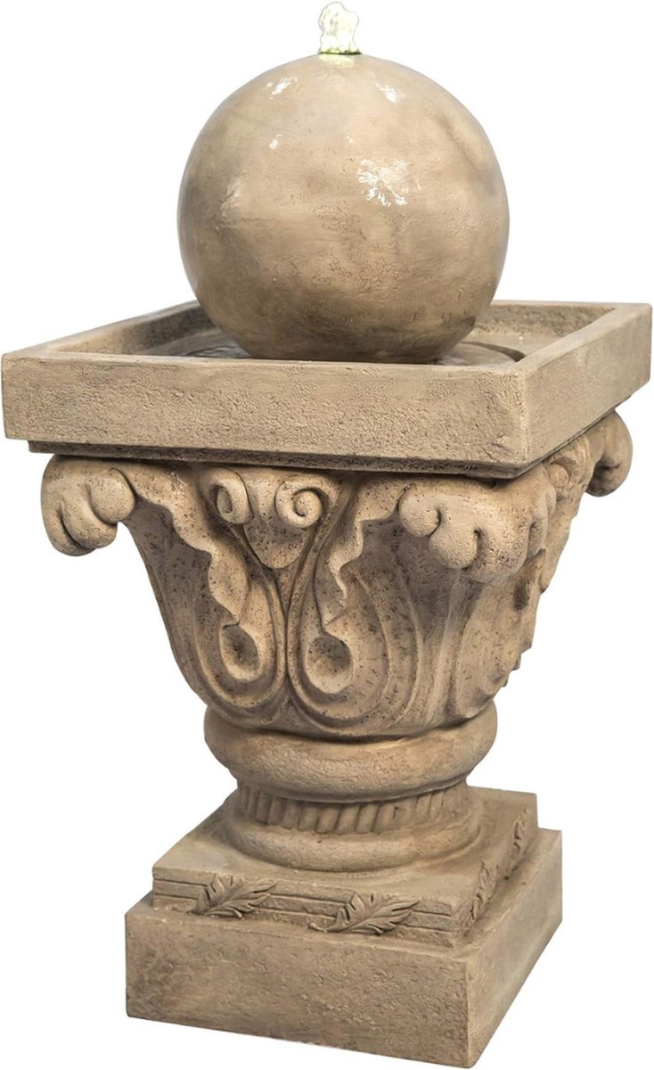 Waterfontein - Verlichte Outdoor Bal Waterfontein met Traditionele Pomp en Zen Cascade Ornament voor Binnen - Stijlvolle Terrasdecoratie in Bruin (38,0 x 38,0 x 70,5 cm)
