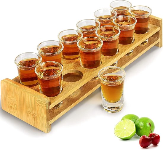 Borrelglas Set, Borrelglaasjes 12 Stuks 30ml Borrelglashouder Recht Dikke Basis Helder Glas voor Party Club Bar Drinken