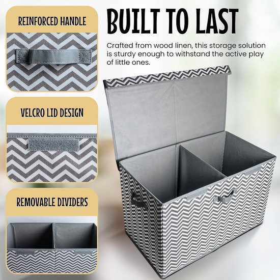 Grijze zigzag opbergdoos met details van handvat, klittenbandsluiting en verwijderbare verdelers.
