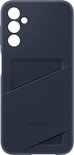 Donkerblauwe telefoonhoes met drie cameralenzen en schuin kaartvak. Samsung logo.